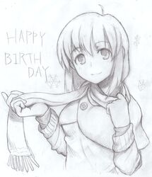  aouma hagiwara_yukiho happy_birthday highres idolmaster monochrome scarf smile solo traditional_media 