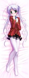  absurdres bekkankou blazer blush dakimakura fortune_arterial green_eyes highres long_hair lying pantyhose purple_hair school_uniform skirt solo thigh-highs thighhighs tougi_shiro twintails very_long_hair 