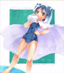  arcana_heart cape daidouji_kira drinking milk swimsuit torimaru traditional_media 