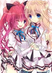  blonde_hair blue_eyes fang hand_holding holding_hands houkiri_nemu inui_sana long_hair mashiroiro_symphony multiple_girls ponytail purple_eyes red_hair redhead ribbon school_uniform sena_airi skirt smile very_long_hair violet_eyes wink 