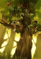  beanie beautifly black_hair blush boots dustox hair_ornament hairclip hat highres hikari_(pokemon) in_tree kneehighs komasawa_(fmn-ppp) mothim pokemon pokemon_(game) pokemon_dppt red_eyes scarf sitting tree yanmega 