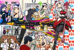  airplane amami_haruka bill breast_envy breasts cleavage dress fighter_jet food ganaha_hibiki hagiwara_yukiho hairband highres hoshii_miki idolmaster ikamusume itasha jet jet_figther kisaragi_chihaya lim long_hair microphone microphone_stand minase_iori miura_azusa multiple_girls noodles pantyhose producer_(idolmaster) ramen receipt saab_draken shijou_takane shinryaku!_ikamusume svenska_flygvapnet takatsuki_yayoi 