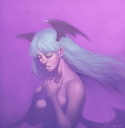  aqua_hair bangs bare_shoulders bat_wings blunt_bangs capcom closed_eyes demon_girl eyes_closed hands_on_own_chest head_scarf head_wings long_hair morrigan_aensland nude purple signature solo speh succubus vampire_(game) wings 