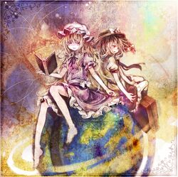  barefoot blonde_hair book bow brown_eyes brown_hair dress floating_book globe hair_bow hat long_hair maribel_hearn multiple_girls navio necktie purple_eyes short_hair sitting skirt smile suitcase touhou usami_renko violet_eyes 