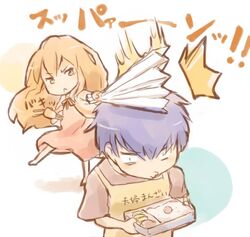  1girl :< aisaka_taiga blue_hair brown_eyes brown_hair casual harisen o3o obentou shirotaka_(shirotaka) short_hair takasu_ryuuji toradora! 