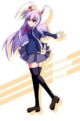  1girl animal_ears black_legwear blazer long_hair looking_back necktie purple_hair rabbit_ears red_eyes reisen_udongein_inaba solo thigh-highs touhou very_long_hair 