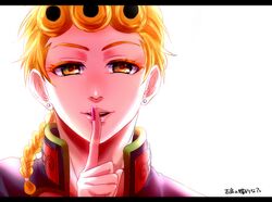  1boy blonde_hair braid earrings finger_to_mouth giorno_giovanna jewelry jojo_no_kimyou_na_bouken ronpa96pepe solo translation_request yellow_eyes 