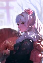  brown_eyes ekao hairband idolmaster japanese_clothes long_hair ponytail shijou_takane silver_hair smile solo 