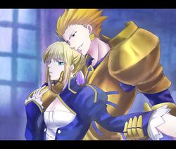  1boy ahoge armor blonde_hair dress enisi_sakura fate/zero fate_(series) gilgamesh green_eyes hair_ribbon letterboxed red_eyes ribbon saber sword weapon 