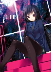  accel_world black_hair black_legwear blazer bow brown_eyes kuro_yuki_hime kuroyukihime long_hair mitsu_king pantyhose school_uniform sitting skirt smile solo very_long_hair 
