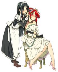  black_eyes black_hair blush character_request dakara_boku_wa_h_ga_dekinai full_body gloves katsurai_yoshiaki lisara_restall long_hair maid maid_headdress multiple_girls official_art red_eyes red_hair redhead tiara yuri 