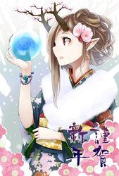  brown_hair cherry_blossoms crystal_ball earrings fingernails flower hair_flower hair_ornament hair_up highres horns japanese_clothes jewelry kimono long_fingernails magatama new_year original pointy_ears red_eyes retsuna 