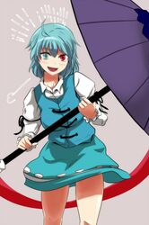  1girl ahoge blue_eyes blue_hair blush heterochromia highres karakasa_obake open_mouth red_eyes short_hair skirt smile solo tatara_kogasa tongue touhou umbrella yaruku 
