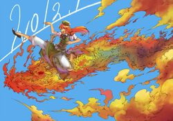  2012 blue_eyes braid dragon hat hong_meiling kicking long_hair new_year open_mouth red_hair redhead ribbon solo star touhou yagimiwa 