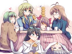  akizuki_ritsuko amami_haruka balancing black_hair blonde_hair blue_eyes blush brown_hair closed_eyes cup eyes_closed food fruit ganaha_hibiki glasses green_eyes hair_down hairband heart hoshii_miki idolmaster kotatsu long_hair multiple_girls natsu_(anta_tte_hitoha) orange otonashi_kotori ponytail red_eyes scrunchie shijou_takane silver_hair sitting sleeping sweatdrop table twintails 