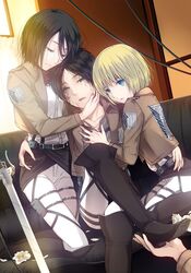  3u_orz armin_arlert belt black_hair blonde_hair blue_eyes boots crossed_legs eren_jaeger green_eyes jacket mikasa_ackerman scarf shingeki_no_kyojin short_hair sitting sword thigh_strap weapon 