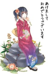  1girl black_eyes black_hair flower hair_flower hair_ornament japanese_clothes kimono new_year original rock sakurage side_ponytail solo 