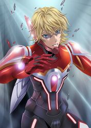  aqua_eyes bad_id barnaby_brooks_jr blonde_hair blue_eyes glasses highres male neon_trim platin_(alios) solo superhero tiger_&amp;_bunny 