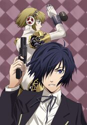  1girl aegis android arisato_minato blonde_hair blue_eyes blue_hair gun hair_over_one_eye handgun highres persona persona_3 platin_(alios) ribbon school_uniform short_hair weapon 
