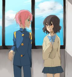  brown_hair catgirl0926 gakuran genderswap green_eyes inazuma_eleven inazuma_eleven_(series) inazuma_eleven_go kirino_ranmaru pink_hair school_uniform shindou_takuto short_hair skirt 