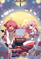  2girls bird blush_stickers cat detached_sleeves multiple_girls original pink_hair redhead seiza sitting smile sumaki_shungo 