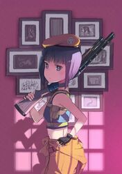  bare_shoulders beret blue_eyes blue_hair choker fingerless_gloves gloves gun hand_on_hip hat hips jacket_around_waist looking_at_viewer midriff nerima original over_shoulder picture_(object) short_eyebrows short_hair shotgun solo tank_top weapon weapon_over_shoulder window_shade 