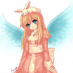  :> angel_wings animal_on_head blonde_hair blue_eyes blush_stickers bunny cross head_tilt high_priest koyuki_(rico) long_hair looking_up puffy_sleeves rabbit ragnarok_online signature smile solo turtleneck wings 