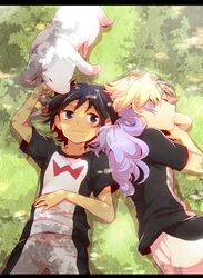  blue_hair closed_eyes eyes_closed goat grass hakuryuu_(inazuma_eleven) inazuma_eleven inazuma_eleven_(series) inazuma_eleven_go long_hair lying multicolored_hair racotta short_hair shuu_(inazuma_eleven) sleeping white_hair zero_(inazuma_eleven) 