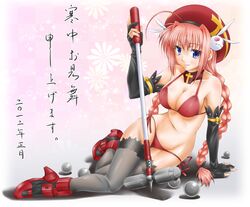  2012 adult bikini blue_eyes braid breasts fingerless_gloves gloves graf_eisen hat kanchuumimai long_hair lyrical_nanoha mahou_shoujo_lyrical_nanoha mahou_shoujo_lyrical_nanoha_strikers mallet red_hair redhead shinozuki_takumi smile solo swimsuit thigh-highs thighhighs translation_request twintails vita 