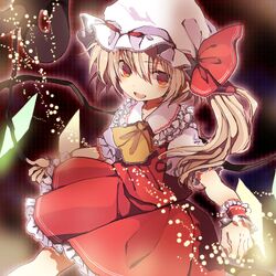  ascot blonde_hair blush fang flandre_scarlet hair_between_eyes hat miya_(tsumazukanai) red_eyes ribbon short_hair side_ponytail skirt smile solo the_embodiment_of_scarlet_devil touhou wings wrist_cuffs 