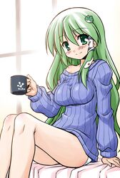 akou_roushi alternate_costume bare_legs cup frog green_eyes green_hair hair_ornament kochiya_sanae long_hair mug no_pants off_shoulder panties ribbed_sweater sitting snake solo sweater touhou underwear white_panties 