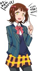  1girl amami_haruka bow brown_hair cosplay crossover hair_ribbon idolmaster kidachi long_sleeves open_mouth pantyhose ribbon short_hair solo translation_request uta_no_prince-sama yellow_eyes 