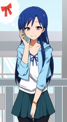  1girl blue_hair bracelet cellphone collarbone grey_eyes idolmaster jewelry kidachi kisaragi_chihaya long_sleeves pantyhose phone ribbon sky smile solo 