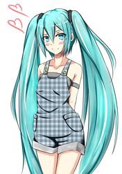  1girl absurdres aqua_eyes aqua_hair blush hatsune_miku highres long_hair simple_background smile solo suspenders twintails very_long_hair vocaloid white_background 
