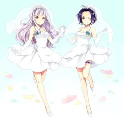  ahoge bridal_veil dress elbow_gloves flower gloves hand_holding holding_hands idolmaster interlocked_fingers miura_azusa multiple_girls red_eyes saito_katuo shijou_takane short_hair silver_hair smile thigh_strap veil wedding_dress wink 