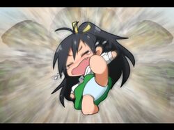  1girl black_hair closed_eyes crying fang flying_kick ganaha_hibiki idolmaster kicking kidachi long_hair open_mouth ponytail solo tears very_long_hair 