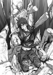  blood breasts genderswap injury jojo_no_kimyou_na_bouken joseph_joestar_(young) kurenai_karasu monochrome ruins short_hair spike tied_up torn_clothes wince 