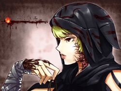  bandages blonde_hair character_name hood my400ml nimue_(soul_sacrifice) scar soul_sacrifice 