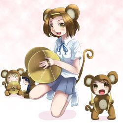  4girls akiyama_mio animal_costume animal_ears brown_eyes brown_hair chibi cymbals heiya hirasawa_yui instrument k-on! kotobuki_tsumugi minigirl monkey_costume monkey_ears monkey_tail multiple_girls school_uniform short_hair tainaka_ritsu 