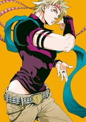  1boy adapted_costume blonde_hair blue_scarf bridal_gauntlets caesar_anthonio_zeppeli facial_mark green_eyes gyro_zeppeli gyro_zeppeli_(cosplay) headband jojo_no_kimyou_na_bouken mickmo_357 scarf solo steel_ball_run 