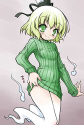  akou_roushi alternate_costume blush ghost_tail green_eyes green_hair hat hitodama looking_at_viewer naked_sweater ribbed_sweater short_hair smile soga_no_tojiko solo sweater tate_eboshi touhou 