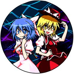  album_cover blonde_hair blue_eyes blue_hair blush bow character_request cover hair_bow half_updo hand_on_hip hat hips mai_(touhou) multiple_girls r-18_jii short_hair smile touhou yellow_eyes yuki_(touhou) 