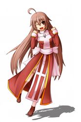  ahoge brown_eyes brown_hair high_priest highres long_hair open_mouth ragnarok_online shima_(sh1mamu) solo very_long_hair wink 
