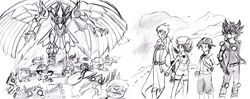  absurdres crossover crystal_(pokemon) fudou_yuusei gold_(pokemon) highres jack_atlas pichu pokemon shaymin the_winged_dragon_of_ra winged_dragon_of_ra yu-gi-oh! yusei_fudo yuu-gi-ou yuu-gi-ou_5d's 