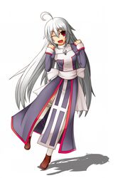  ahoge grey_hair high_priest highres long_hair open_mouth ragnarok_online red_eyes shima_(sh1mamu) solo very_long_hair wink 