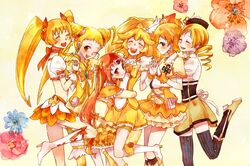  blonde_hair boots bow capelet closed_eyes color_connection crossover cure_lemonade cure_muse cure_muse_(yellow) cure_peace cure_pine cure_sunshine dress drill_hair eyes_closed floral_background flower fresh_precure! frills hair_ornament hand_holding heartcatch_precure! height_difference highres holding_hands interlocked_fingers jewelry kasugano_urara kise_yayoi knee_boots looking_at_viewer magical_girl mahou_shoujo_madoka_magica multiple_girls myoudouin_itsuki noah_0628 odd_one_out orange_(color) precure ribbon shirabe_ako shorts_under_skirt smile smile_precure! standing standing_on_one_leg suite_precure thigh-highs thighhighs tomoe_mami twin_drills wink yamabuki_inori yellow yellow_background yellow_dress yes!_precure_5 yes!_precure_5_gogo! 