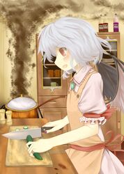 apron bandaid bat_wings blood blush bottle bunchou bunchou_(bunchou3103) cabinet chopping_board cooking cucumber cup cutting_board dress failure highres knife lavender_hair mug nail_polish no_hat no_headwear open_mouth plaster plate pot profile red_eyes remilia_scarlet ribbon short_hair smile smoke solo touhou white_hair wings 