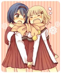  arguing blonde_hair blue_hair fang furutani_himawari hair_ornament hairband hairclip hand_holding holding_hands interlocked_fingers kmgkmgk multiple_girls oomuro_sakurako open_mouth scarf school_uniform serafuku shared_scarf tsundere yuru_yuri 