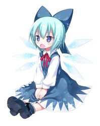  blue_dress blue_eyes blue_hair blush bow cirno dress fang hair_bow kiira open_mouth shirt short_hair sitting solo touhou v_arms wings 