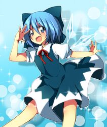  1girl blue_eyes blue_hair blush cirno fang hair_ribbon ice ice_wings oniku-chan ribbon short_hair solo touhou wings 